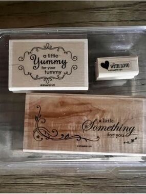 Stampin' Up! “YUMMY” set of 3 Wood Sentiment Stamp Set mounted, but never used